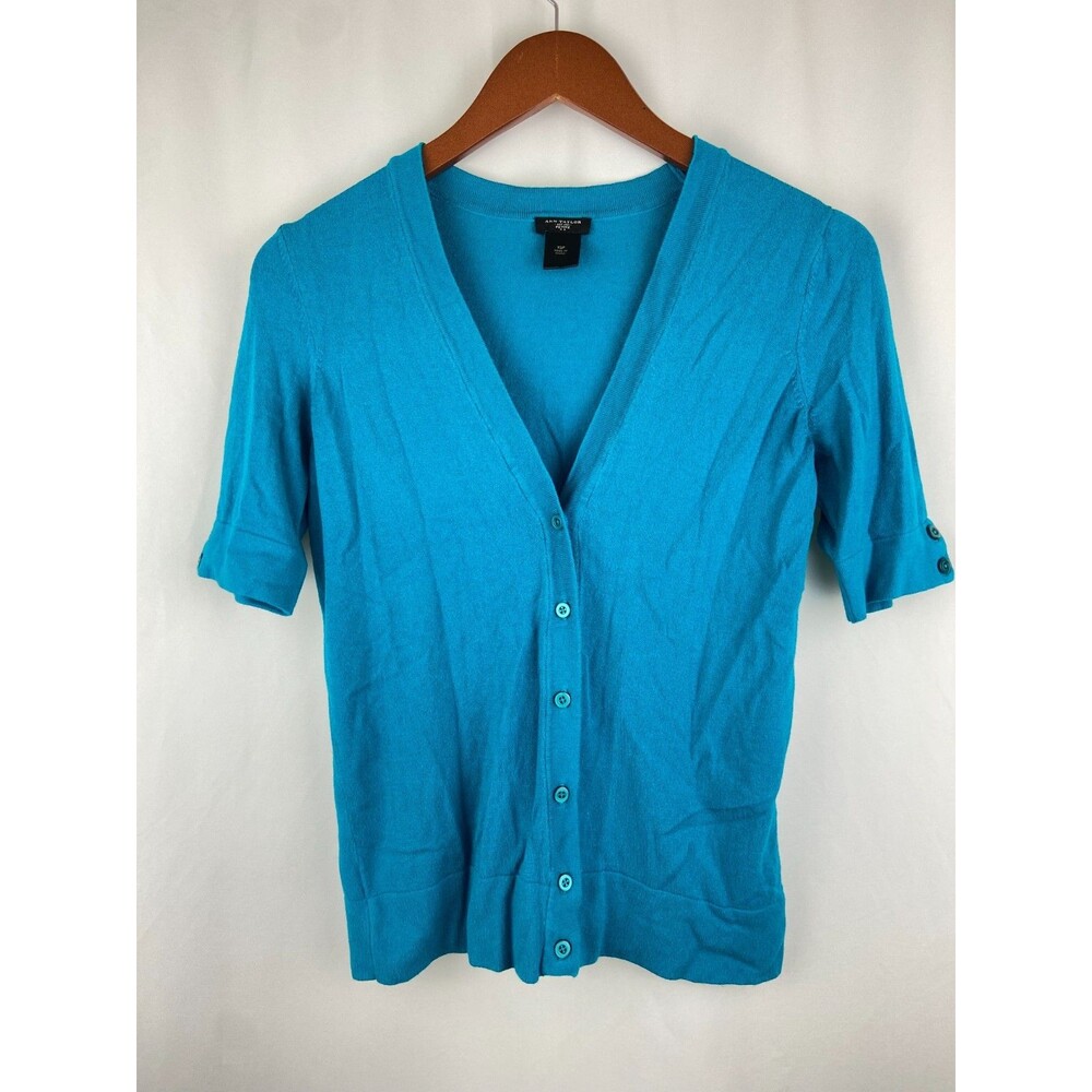 Ann Taylor Womens XSP Blue Fitted 3/4 Sleeve Button Down Cardigan Preppy Sweater